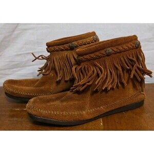 Minnetonka Ankle Boots Womens Sz 8 Fringe Brown Suede Leather BOHO Southwestern